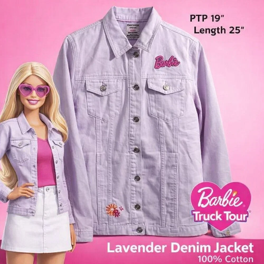 Barbie Truck Tour Lavender Denim Jacket Embroidered Logo 100% Cotton - Picture 2 of 14